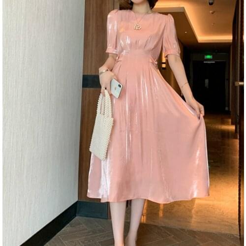 2020 Women Summer Elegant Waist- Pear Button Shiny Rayon Long A-line Dress High Waist Round Collar Midi Pleated Dresses