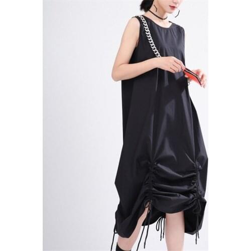 Womens Summer Solid Black Dress Loose Waist Round Neck Sleeveless Casual Drawstring Pullover Midi A-Line Dresses Street Wear