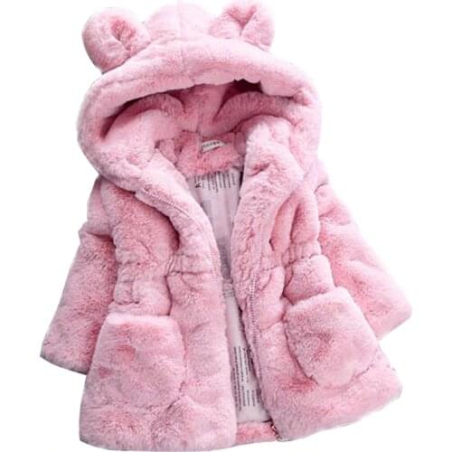 Winter Girls Faux Fur Coat Toddler Coats With Plush Ears Baby Warm Clothes Thicken Children Park Hooded Outerwear Cute Kids Clot