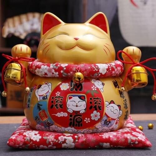 Golden Ceramic Maneki Neko Home Decoration Ornament Fortune Cat Money Box Piggy Bank Figurine Feng Shui Decor