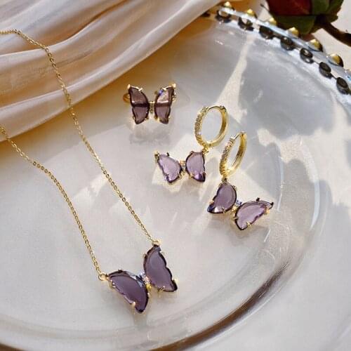 2021 Trendy Transparent Crystal Zircon 3D Butterfly Earring Necklace Retro Various Color Butterfly Ring Set Exquisite Party Gift