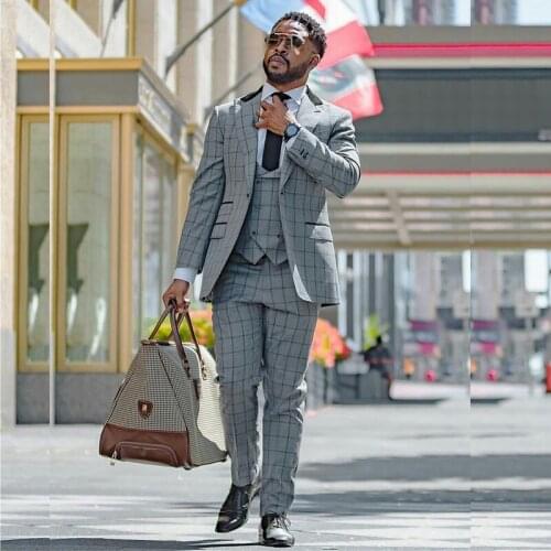 2021 Gray Check Mens Suits 3 Pieces Groom Best Man Pants Suit Business Wedding Blazer (Jacket+Vest+Pants)