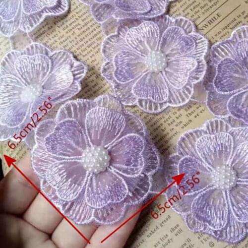 5x Pearl Puple Lace Trim Beaded Embroidered Flower Ribbon Floral Applique DIY Patches Fabric Sewing Craft Wedding 6.5cm Hot