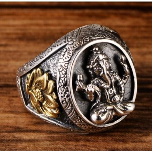 925 Sterling Silver Lotus Retro Big Elephant God Ring Men Women gift jewelry A4446