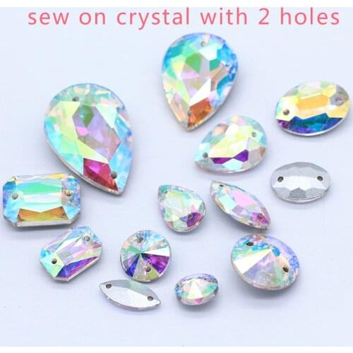 Sparkling Crystal AB Sew On Rhinestone Pointback Glass Gem Sewing glass Stones 2hole bead jewel Buckle button Clothes Decoration