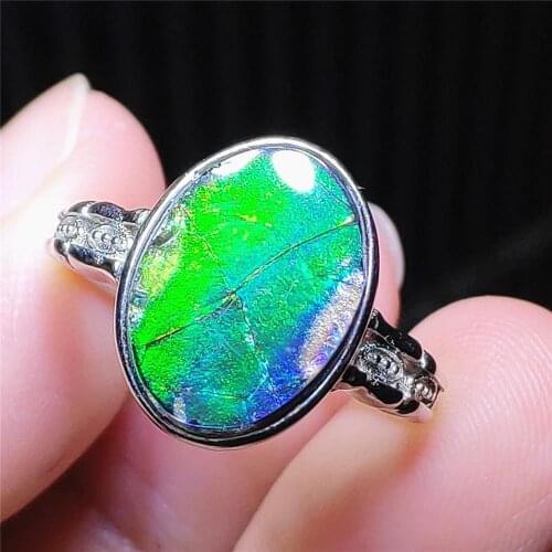 Genuine Natural Colorful Ammonite Ammolite Green Blue Adjustable Ring 15x10mm 925 Sterling Silver Fashion Oval Ring AAAAAA
