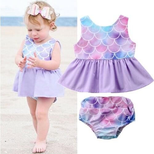 2PCS Baby Kids Girls Summer Mermaid Outfits Toddler Sleeveless Ruffle Top Dress Short Pants Clothes Set 0-4T Fashion