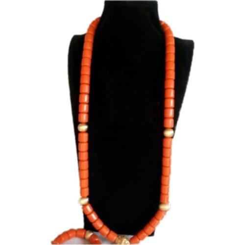 Dudo Mens Artificial Coral Beads Jewelry Set For Groom 33 Inches African Wedding Necklace Jewellery Set Long Design Trendy