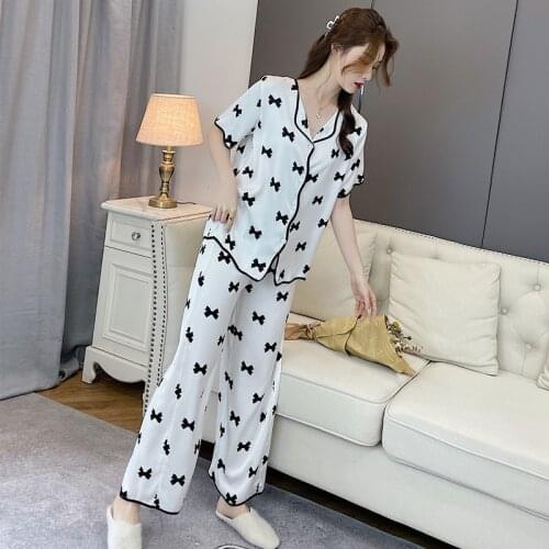 Ice Silk Pajamas Womens Summer Sexy Sleepwear Short Sleeve Pants Printed Two-piece Bow Thin Home Wear Female Nightwear