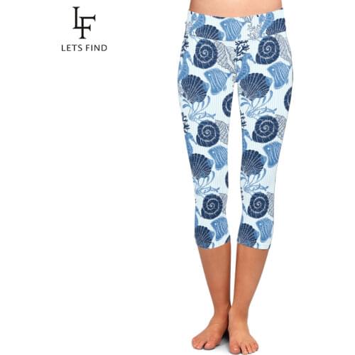 LETSFIND Summer New 3D Shells Seahorses and Corals Printing Capri Leggings High Waist Plus Size Slim Fitness Mid-Calf Leggings