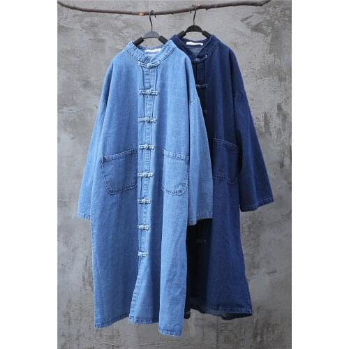 Small Warm Literature And Art Chinese Pan Button Zen Clothes Long Loose Jeans Windwear Coat