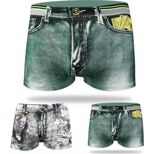 MenS Sexy Fashion Denim Print Dollar Pocket Cotton Comfortable Boxer Briefs 3D Jeans Print Panties Briefs Casual High Elastic