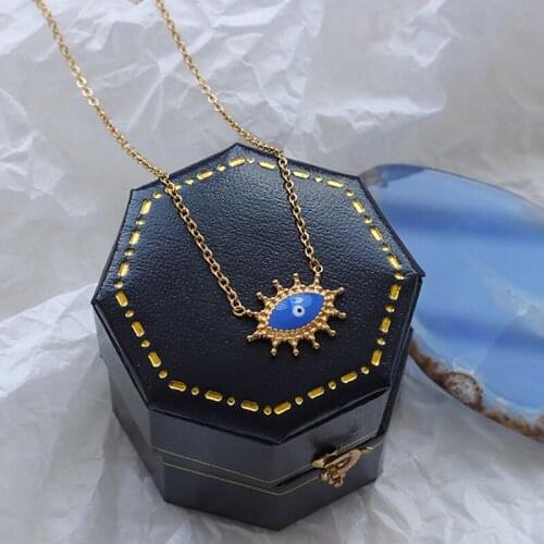 Amaiyllis 18K Gold Retro Simple Ocean Blue Eye Clavicle Chain Necklace Fashion Evil Eye Choker Necklace For Women Jewelry