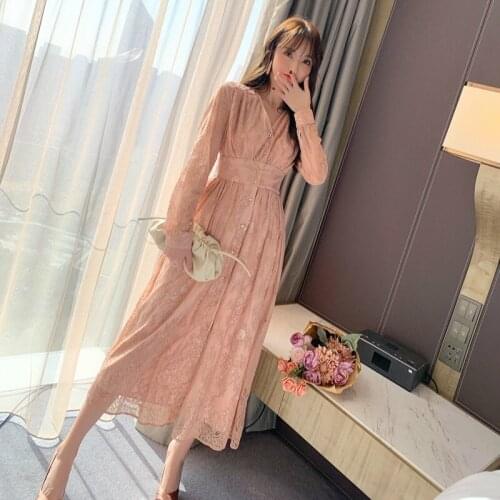 French Style Casual Modis Sweet Cute Dress Ladies Corset Long Sleeve Platycodon Pink Lace Dresses Woman Midi Autumn Dress 2020