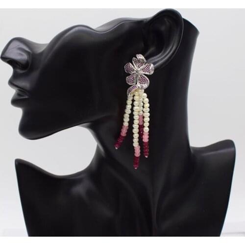 Freshwater pearl &red jade&zircon flower hook white near round 3-5mm tassel drop earrings FPPJ wholesale beads nature