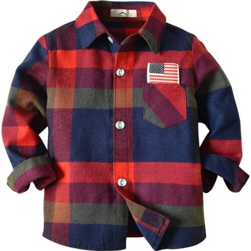 Spring Autumn Little Boys Shirt Creative Red Blue Large Plaid Pattern Lapel Long Sleeve Single-breasted Children Casual Clothes