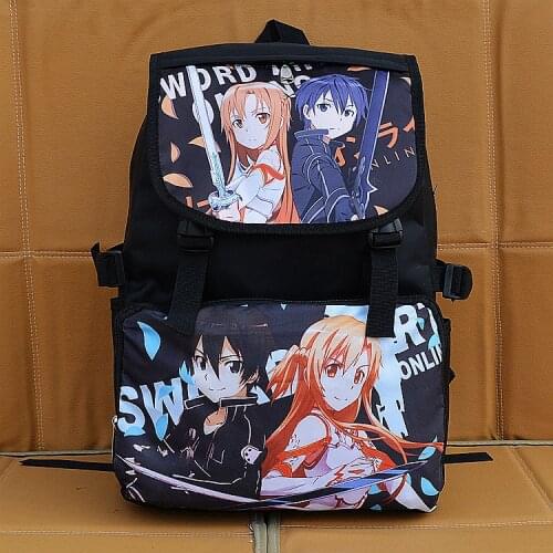 Anime Sword Art Online SAO Kirigaya Kazuto&Yuuki Asuna Action Figure Printed Canvas Cartoon Schoolbag Backpack Black Travel Bag