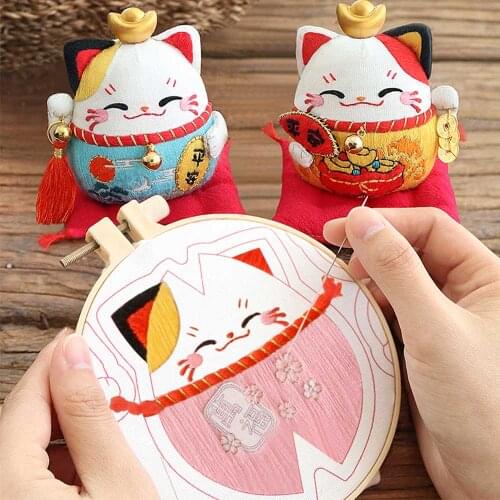Self-embroidered Beginer Cat Needlework Carft Kits Handmade Chinese Embroidery Tool for Car Auto Pendant Good Luck Charm Amulet