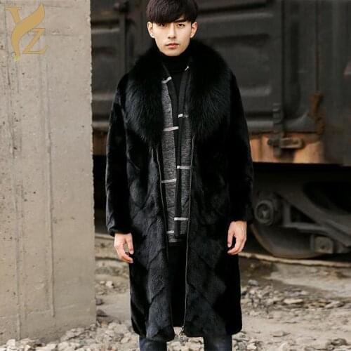 Full Pelt Mink Fur Coat For Men Long Jackets With Zipper Luxurious Fox Fur Turn-down Collar Outerwear Overcoats Covered 2018