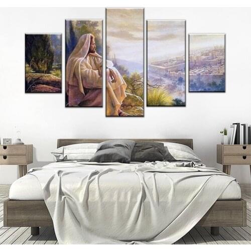 Modern Pictures Living Room HD Printed Canvas 5 Panels Jesus In Thought Modular Painting Home Decor Posters Wall Art Framework