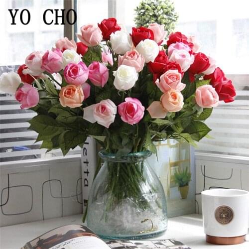 YO CHO Length 44cm Red Pink Artificial Rose Flower Branch Wedding Decoration Valentines Day Gift Fake Flower Rose for Home Vase