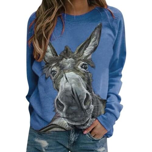 Women Fashion Autumn Long Sleeve Pullover Blouse Donkey Print Loose Sweatshirt Womens Clothing 2021