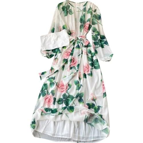 2021 New Spring Autumn Women Long Sleeve Sashes Slim Long Dress High Quality Flowers Print Elegant Party Dress