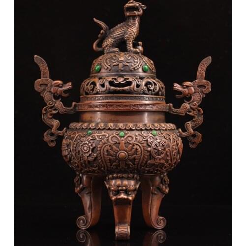 11"Chinese temple collection Old Bronze mosaic Gem Lion cover incense burner Three-legged Incense Ornaments Town House Exorcism