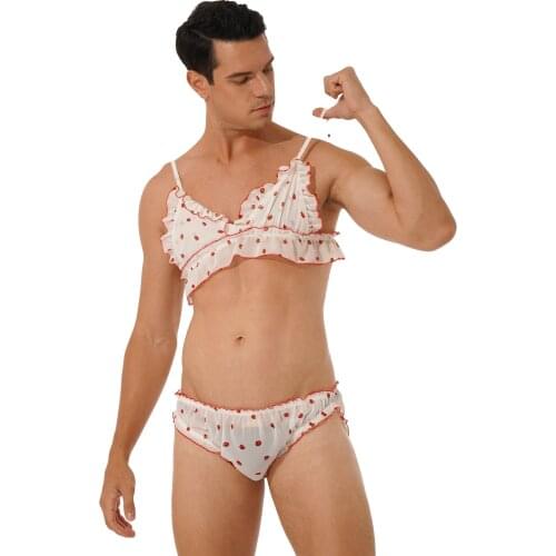 Mens Flower Strawberry Print Ruffled Suit Adjustable Straps Bralette with Underpants 2Pcs Sexy Gay Lingerie Set Sissy Sleepwear
