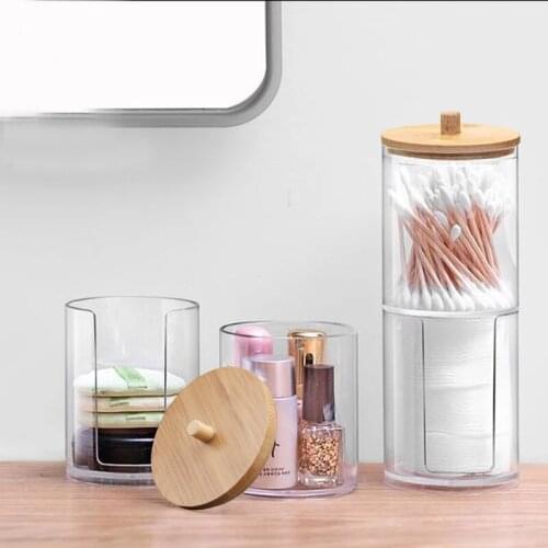 2 in 1 Bamboo Lids Cotton Swabs Storage Holder Box Acrylic Transparent Cosmetic Container Makeup Pad Jewelry Home Organizer Case