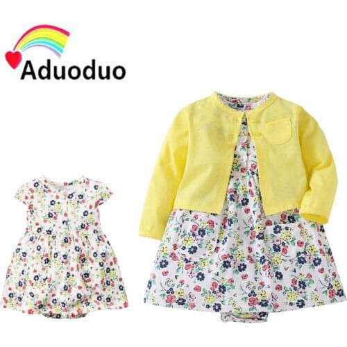 2018 brand baby girls dress 2pcs sets 100% cotton Jumpsuit dress + coat newborn flower pink toddler kid clothes