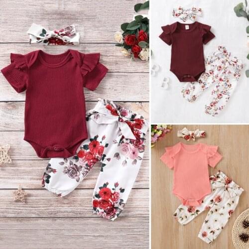 3PCS Summer Infant Baby Girl Clothes Sets 0-18M Romper Tops Flower Pants Headband Outfit