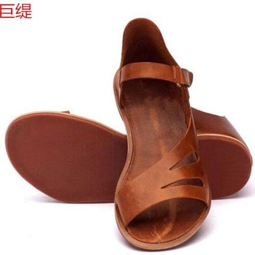 Summer woman sandals PU Buckle Strap Flat Toe Round Toe Shallow Comfy Soft Retro Wedge sandal women shoes size 36-44 black