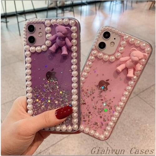 3D Pearl Bear Bling Glitter Stars Sequins Phone Case For iphone X XR XS 11 Pro MAX 12 mini 6S 7 8 plus SE + For S10 S9 S20 Cover