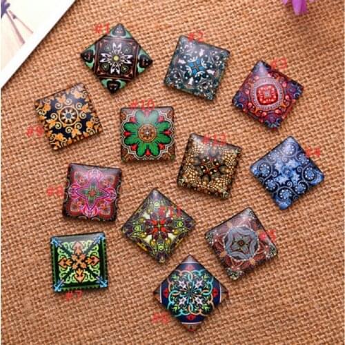 10mm 15mm 20mm 25mm Decorative Pattern Square Handmade Cabochons Glass Demo flat back Jewelry Making findings Pendant Settings