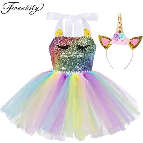 Kids Girls Colorful Halter Shiny Sequins Cartoon Mesh Tutu Dress with Hair Hoop Set for Carnival Cosplay Party Costume Dress Up