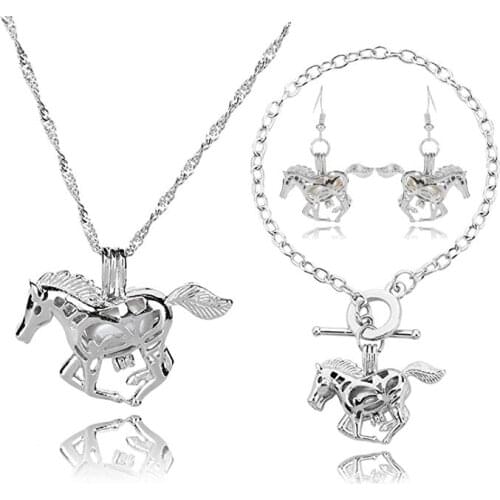 HENGSHENG Horse Animal Cage Locket Jewelry Set with Matching Earrings Charm Link Bracelet Necklace Gift