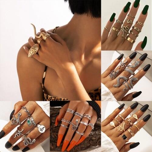 HuaTang 2021 Vintage Snake Joint Ring Sets for Women Boho Silver Gold Color Star Flowers Animal Rings Charmings Jewelry кольц