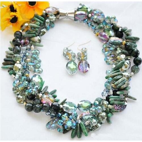 Perfect Women Birthday Gift Jewellery Set,4 Strands 21inches Green Jades Agates Glisten Crystals Necklace Earrings
