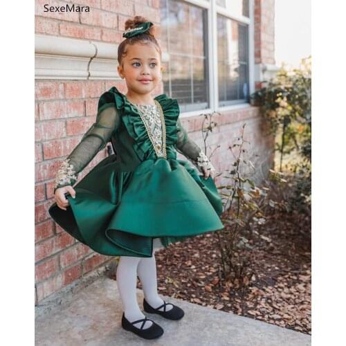 Emerald Green Long Sleeves Girls Dresses O Neck Puffy Satin Skirt Infant Girl Birthday Party Gown Kid Size 1-14Y