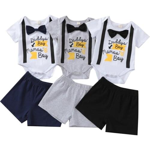 2021 Baby Boys Two-piece Clothes Set, Letters Printed Pattern Romper and Solid Color Shorts, Black/ Grey/ Navy
