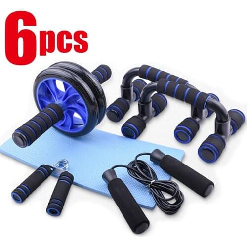 6pcs/Set AB Roller Kit Push-Up Bar Jump Rope Knee Pad Home Gym Abdominal Core Muscle Exercise Fitness Equipment Wheel Roller