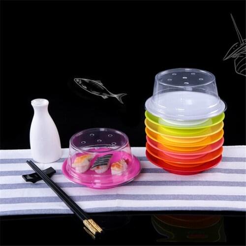 Colorful flat saucer melamine tableware sushi plastic small dish transparent cover Japanese style self rotating sushi plate