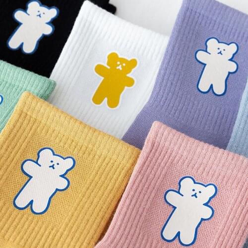 Cute Cartoon Womens Pure Cotton Socks Harajuku Colorful Kawaii Full Sock Fashion Bear Animals Comfortable Sox Calcetines Socken
