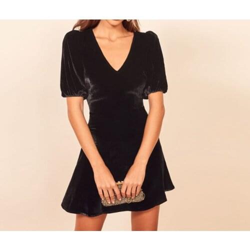 2020 New Women Dress Velvet Womens Black Retro French V-neck Halter Sexy Short Dress