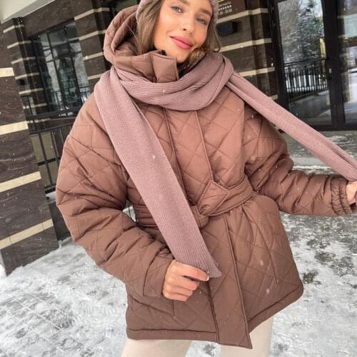 Fandy Lokar Loose Casual Hooded Parkas Women Fashion Thick Coats Women Elegant Tie Belt Arygle Cotton Jackets Female Ladies