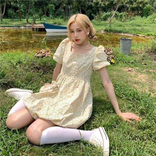 Maxi Dresses for Women Floral Short-sleeved Dress Female Summer New Style Korean High-waisted Thin A-line Skirt