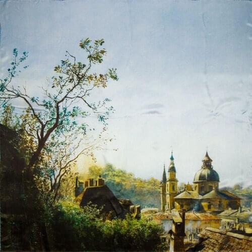 100% Pure Silk Scarf Women Scarf Countryside Hijab Female Hair Scarf Oil Painting Artistic Square Silk Head Scarf Neck Bandana