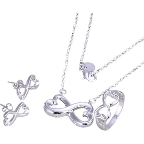 Gifts For Woman 3 Pcs/ Set Silver Plated Ring+Necklace+Earrings Number Shape shining Jewelry Sets Woman Attire Accessories