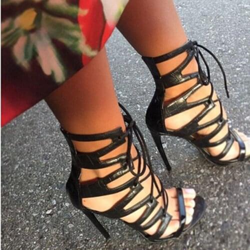 New Design Women Open Toe Black Leather Strap Cross Gladiator Boots Cut-out Ankle Wrap High Heel Sandals Dress Shoes